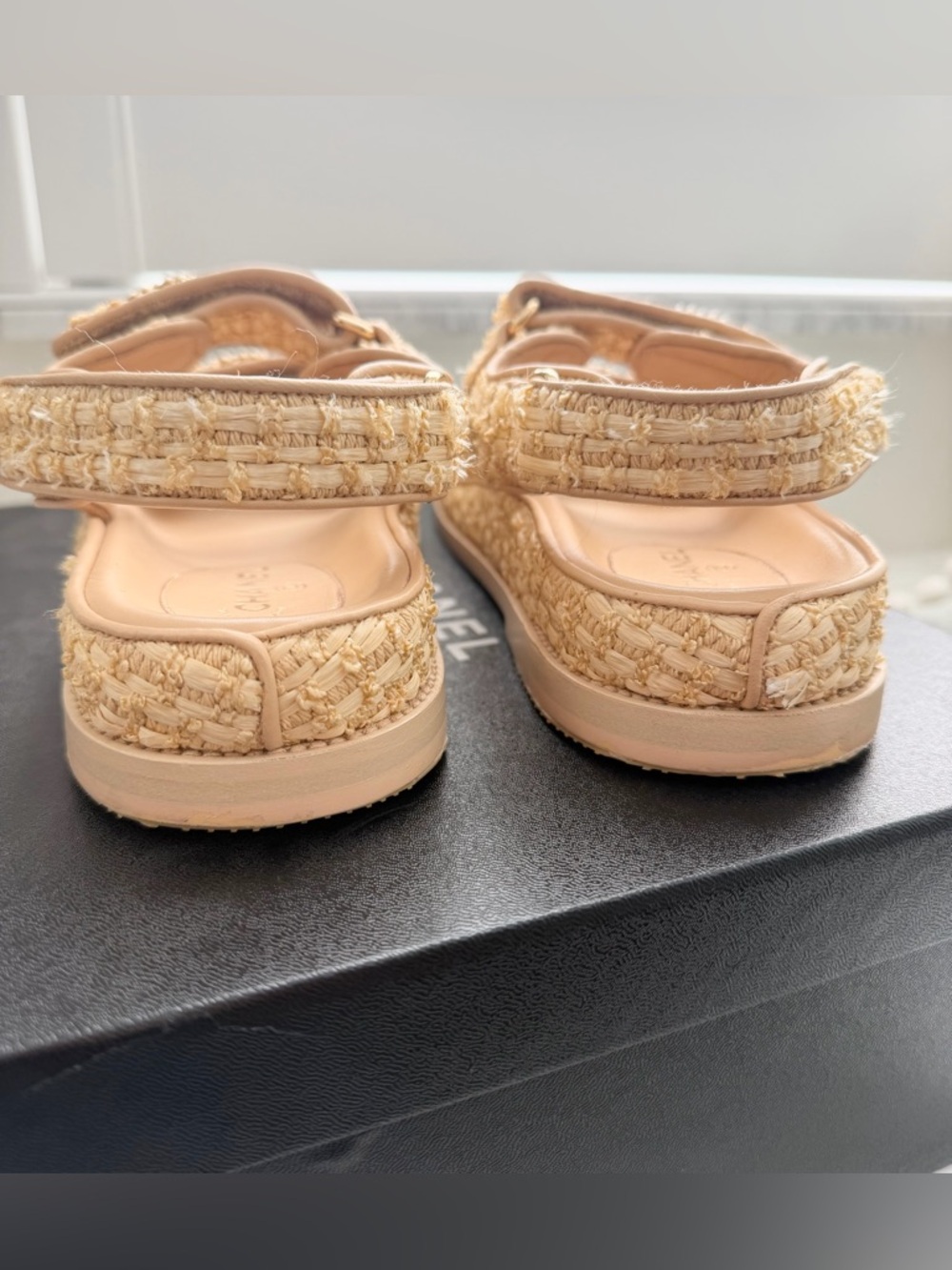 CHANEL Raffia Pearl Dad Sandals 37 Beige 21C CC Logo Velcro - Picture 11 of 16